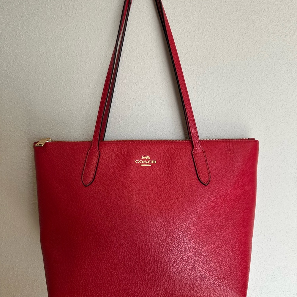 Coach Red Leather Tote with Gold Emblem